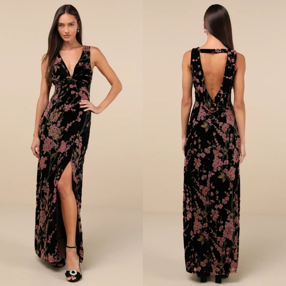 Lulus Enhanced Aura Black Floral Burnout Velvet Cowl-Back Maxi Dress L Wedding - Picture 1 of 11